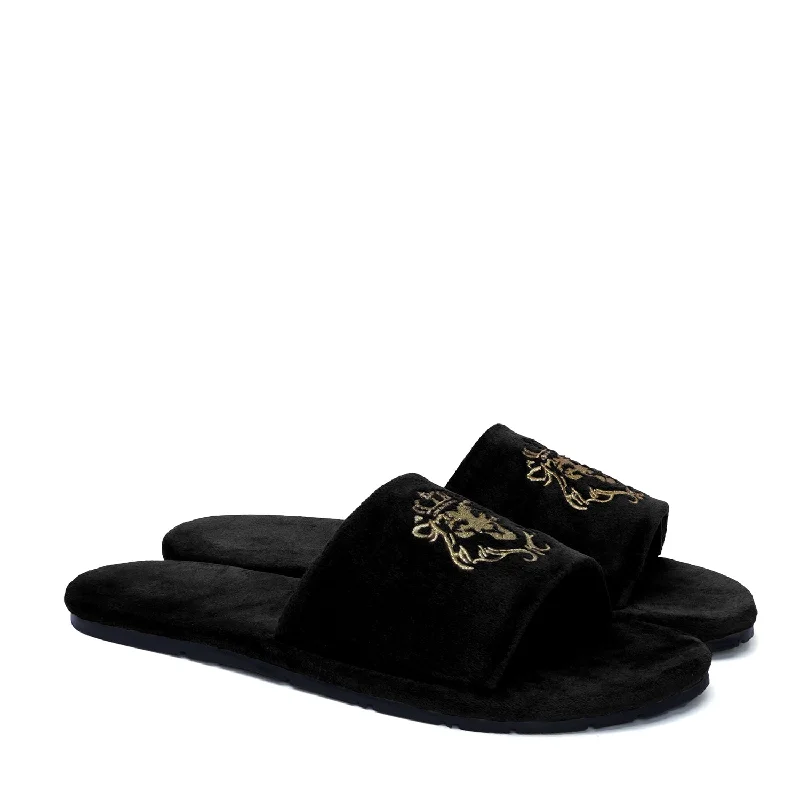 Embroidered Lion Logo Black Two Tone Full Velvet Women Slippers By Brune & Bareskin