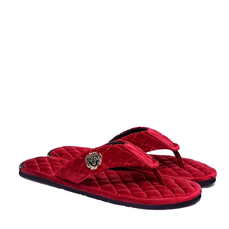 Women V-Strap Red Full Quilted Soft Italian Velvet Slippers By Brune & Bareskin