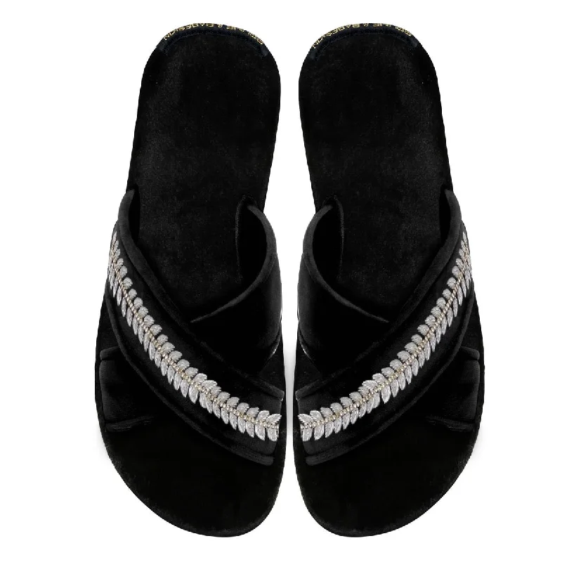 Women's Black Leaf Design Silver Zardosi Embroidery Cross Strap Slippers By Brune & Bareskin