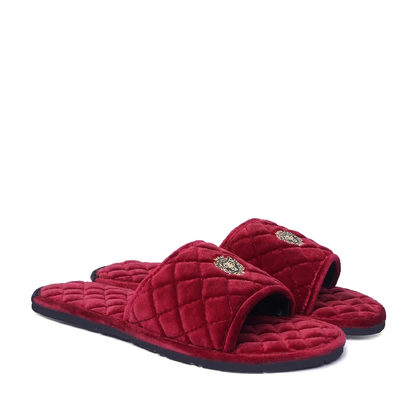 Women's Red Full Quilted Stitched Super Soft Italian Velvet Slide-in Slippers By Brune & Bareskin